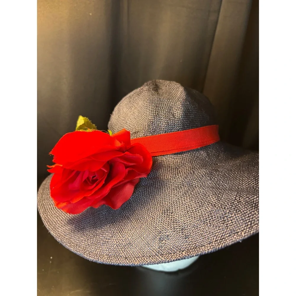 Career Collection Navy Blue Wide Brim Sun Hat Red Rose Accent Straw Style Hat